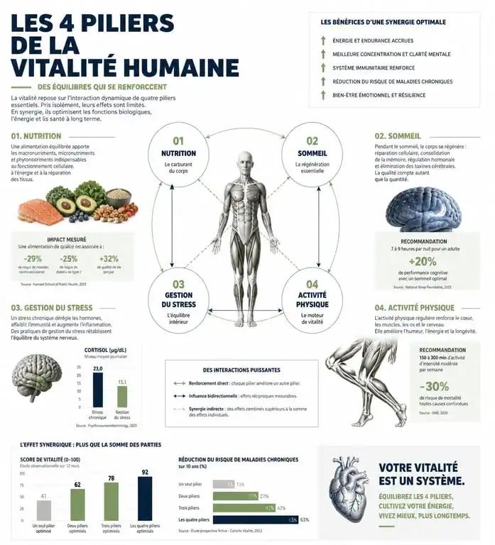 Infographie sur les causes et solutions du manque d'énergie et de la fatigue chronique