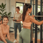 Femme salle de sport ajustant barre squat entourée coach