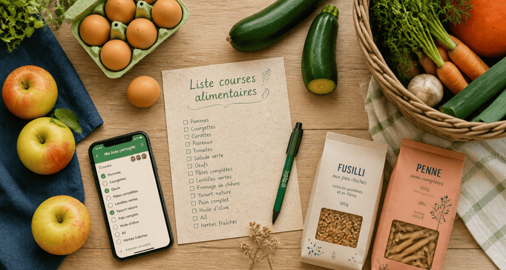 Liste courses alimentaires manuscrite, produits frais et appli mobile