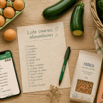 Liste courses alimentaires manuscrite, produits frais et appli mobile