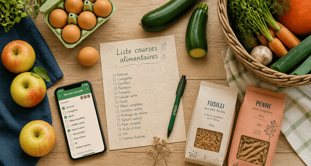 Liste courses alimentaires manuscrite, produits frais et appli mobile