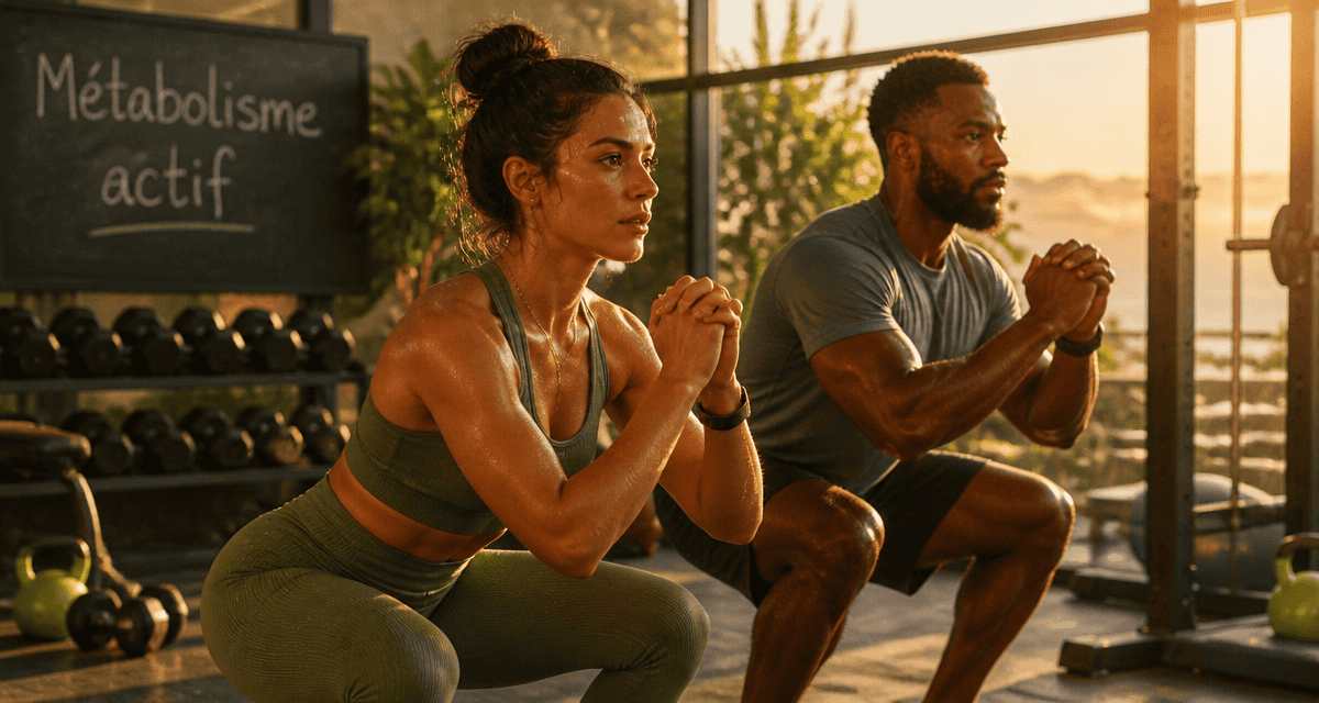 métabolisme et musculation, homme et femme font des squats