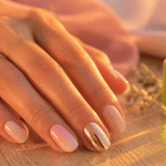 modèle vernis semi permanent nude baby boomer chrome doré