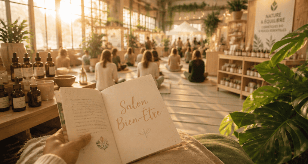 Salon bien etre ce week end, visiteurs sur tapis, stands bien-être