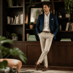 style bcbg homme blazer bleu bibliothèque