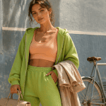 survetement tendance femme oversize vert et pêche en rue