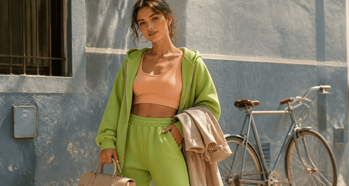 survetement tendance femme oversize vert et pêche en rue
