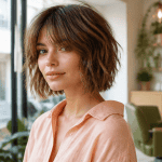 tendance coupe carré femme shag bob avec frange rideau