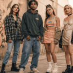 groupe jeunes adultes tenue année 90 sur trottoir urbain