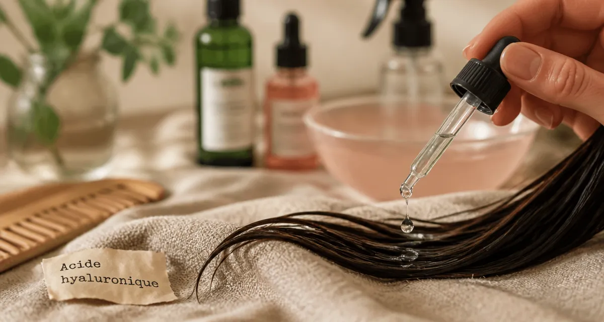 Acide hyaluronique cheveux : sérum hydratant sur mèche