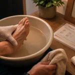 Algodystrophie du pied traitement : kinésithérapie phase chaude et froide sur pied en eau tiède