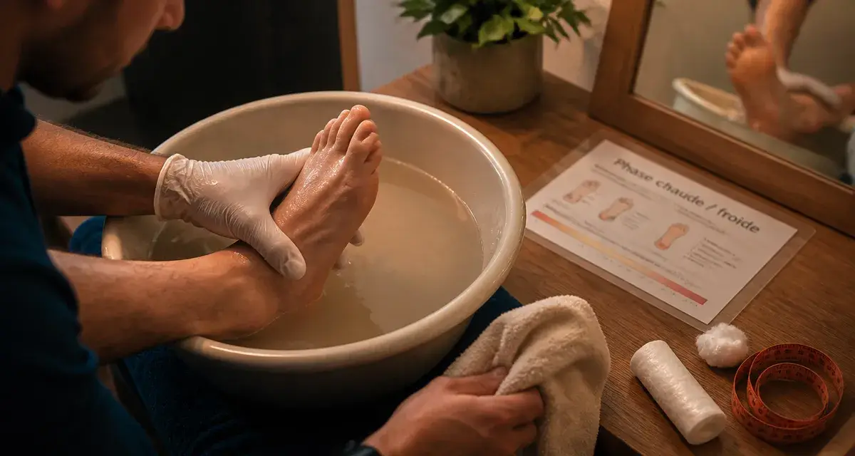 Algodystrophie du pied traitement : kinésithérapie phase chaude et froide sur pied en eau tiède