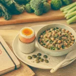 Aliments et acides amines essentiels : œuf, quinoa, graines et pois chiches.