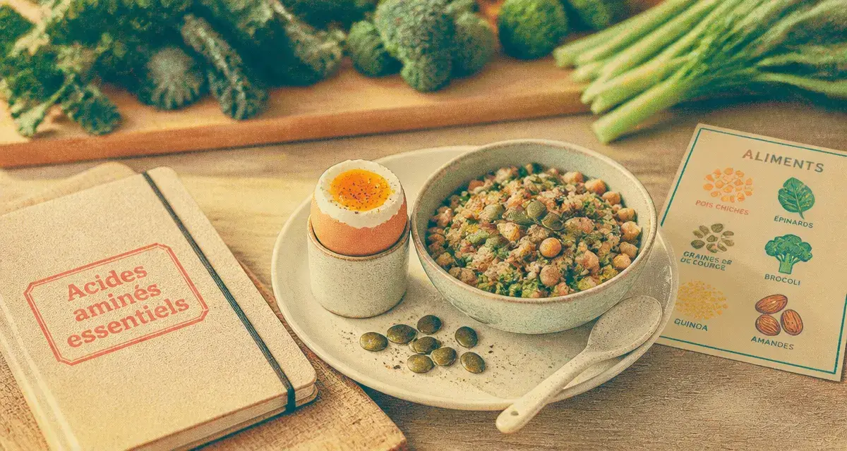Aliments et acides amines essentiels : œuf, quinoa, graines et pois chiches.