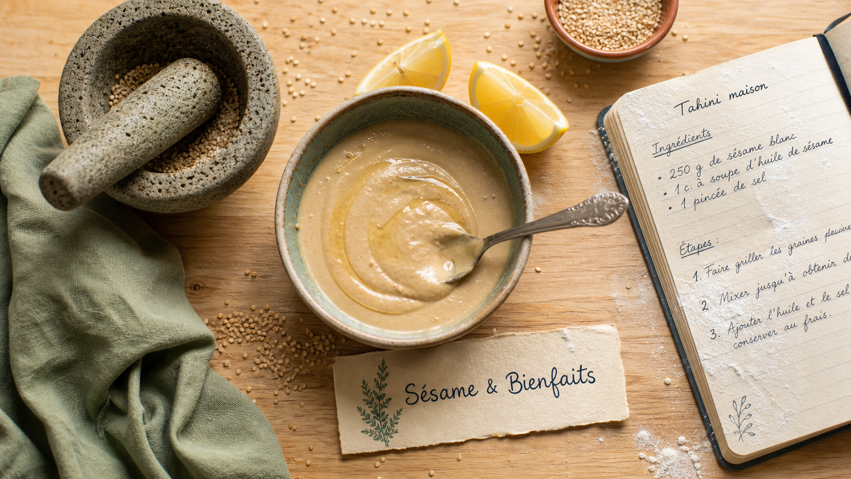 Bienfaits des graines de sesame et calcium avec tahini et graines de sésame grillées