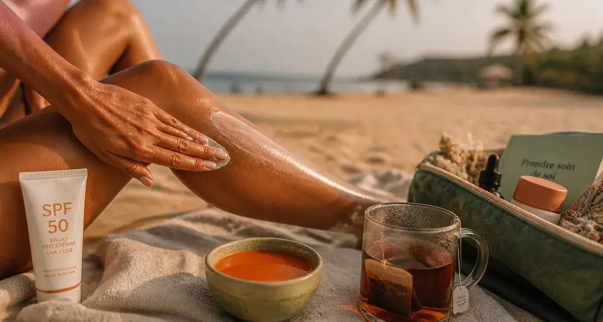 Comment bronzer vite : crème SPF 50 sur peau mate, doigts appliquent.
