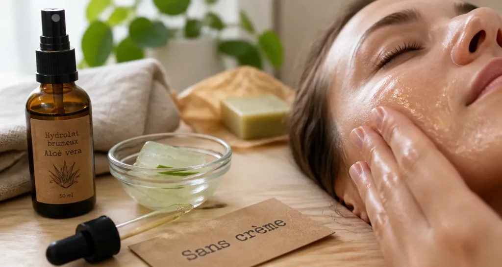 Comment hydrater sa peau sans crème : hydrolat en flacon et aloe vera sur visage avec eau