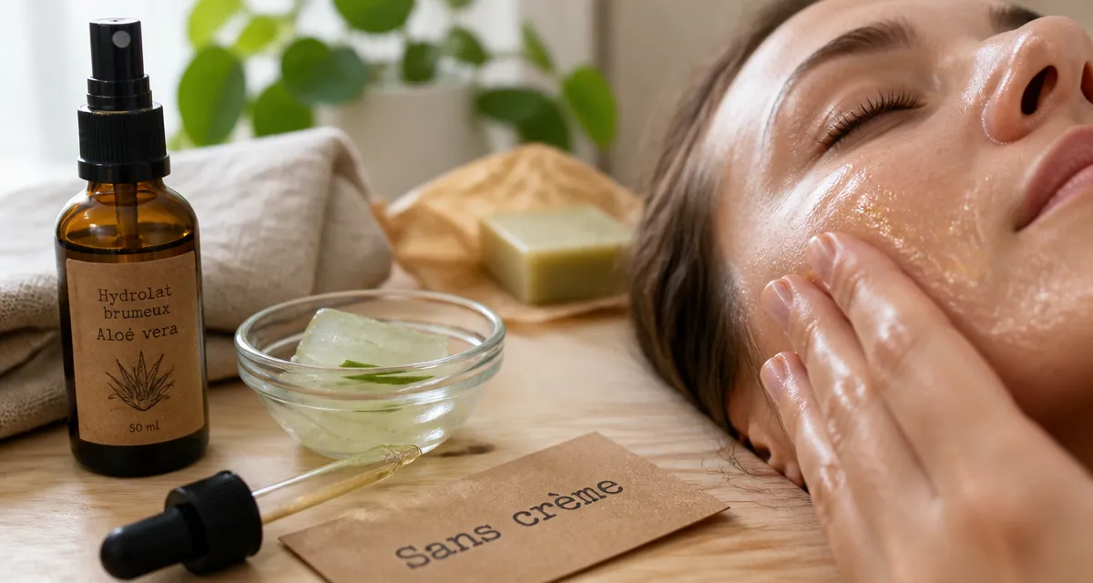 Comment hydrater sa peau sans crème : hydrolat en flacon et aloe vera sur visage avec eau