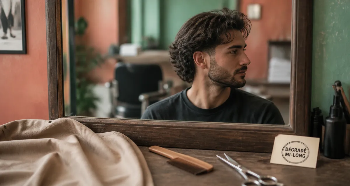 Dégradé mi long homme en salon, dégradé visible et volume sur le dessus
