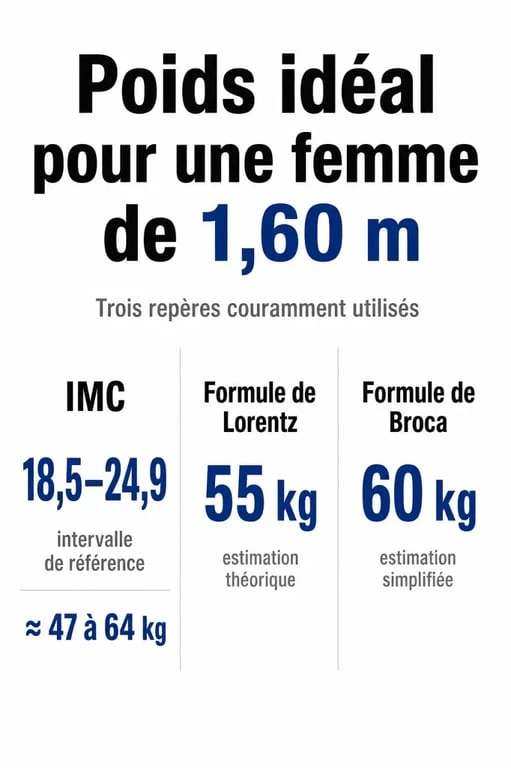 Infographie illustrant les différentes méthodes de calcul du poids idéal pour une femme d'1m60