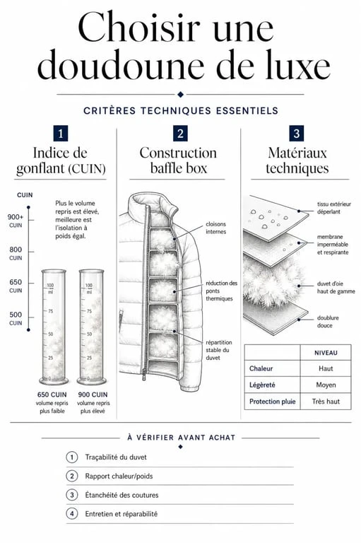 Infographie comparative des critères techniques pour choisir une marque de doudoune de luxe