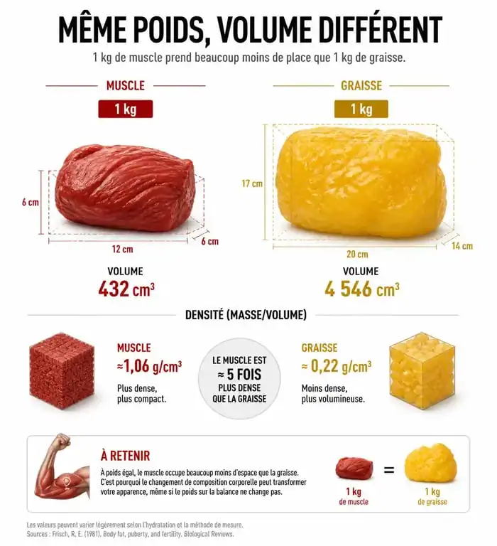 Infographie comparant la densité du muscle et de la graisse pour expliquer pourquoi on s'affine sans perdre de poids