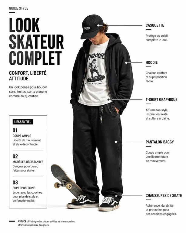 Anatomie du style skateur homme : pièces emblématiques et conseils pour composer un look authentique.