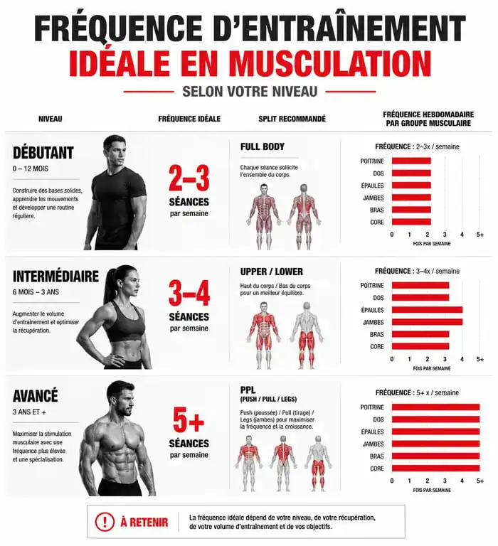 Infographie sur la fréquence d'entraînement en musculation selon le niveau et les objectifs