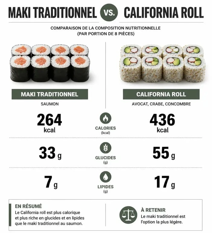 Infographie comparative des calories et nutriments entre sushis traditionnels et sushis fusion pour comprendre si les sushis font grossir