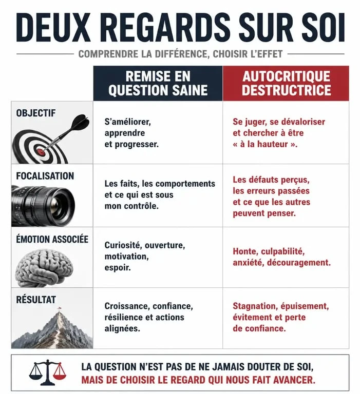 Infographie comparative entre la remise en question saine et l'autocritique destructrice pour le développement personnel