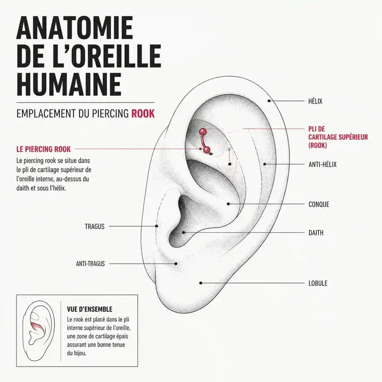 Schéma anatomique de l'emplacement du piercing rook sur l'oreille