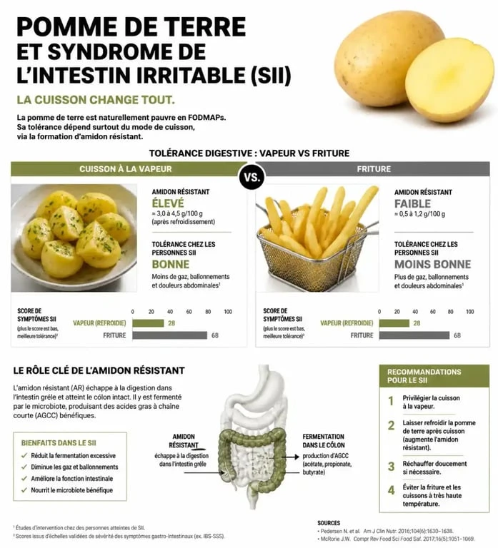 Infographie sur la pomme de terre et l'intestin irritable : modes de cuisson et tolérance digestive