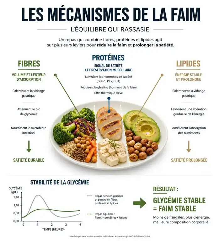 Infographie sur les mécanismes de la faim et l'importance de l'équilibre alimentaire pour éviter d'avoir faim tout le temps.