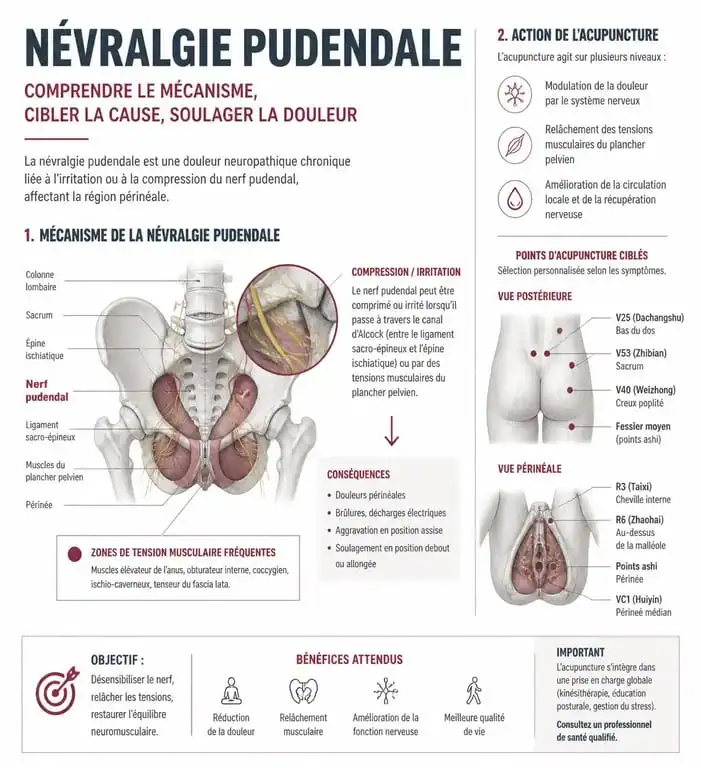 Schéma explicatif de l'acupuncture et névralgie pudendale pour comprendre l'action sur le nerf pudendal