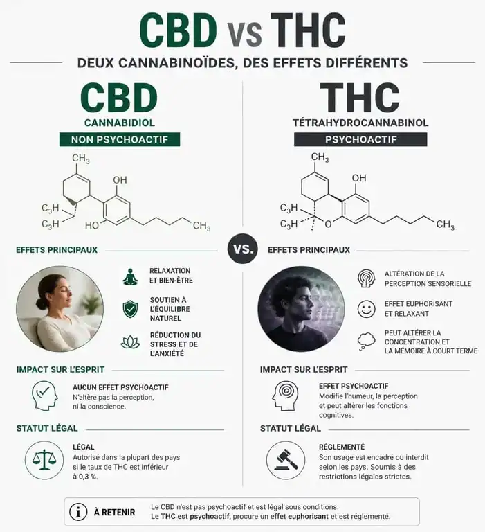 Infographie comparative des différences entre CBD et THC : effets, légalité et interaction avec le système endocannabinoïde
