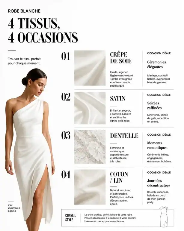 Infographie des matières idéales pour une robe blanche une manche selon l'occasion