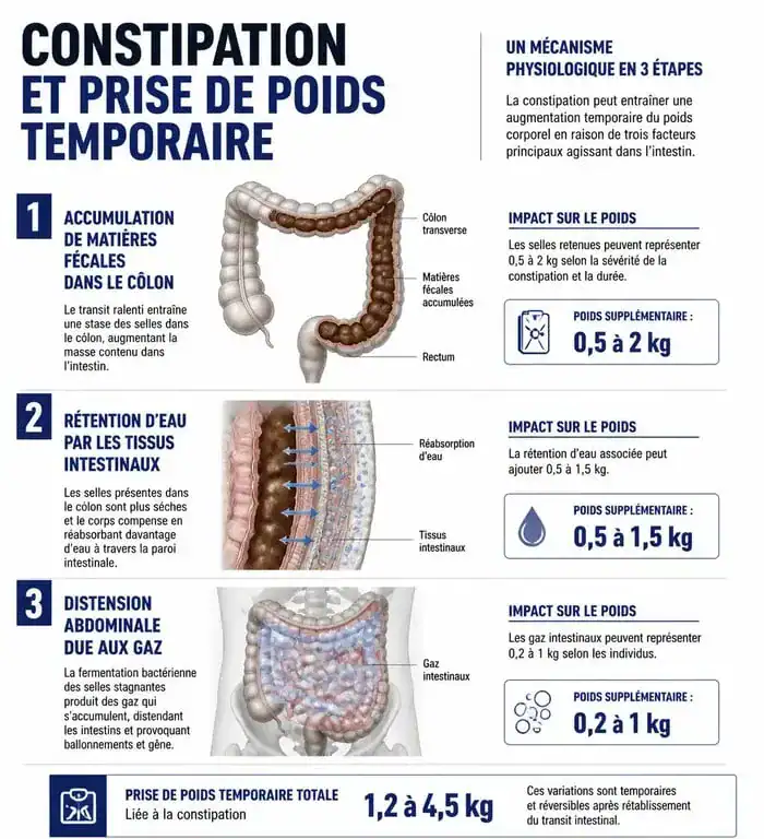 Infographie expliquant le lien physiologique entre constipation et prise de poids temporaire