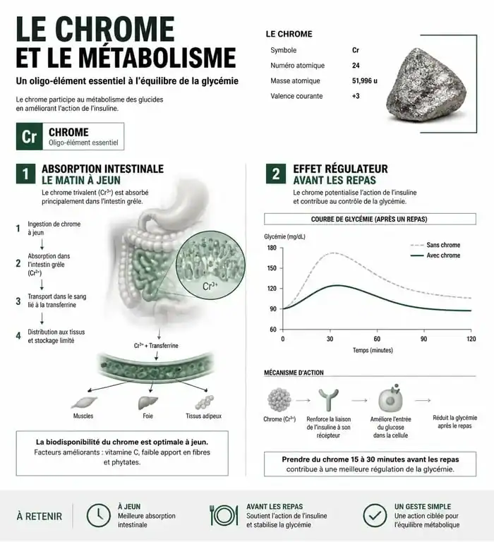 Infographie sur le moment optimal pour prendre du chrome et ses bienfaits sur la glycémie