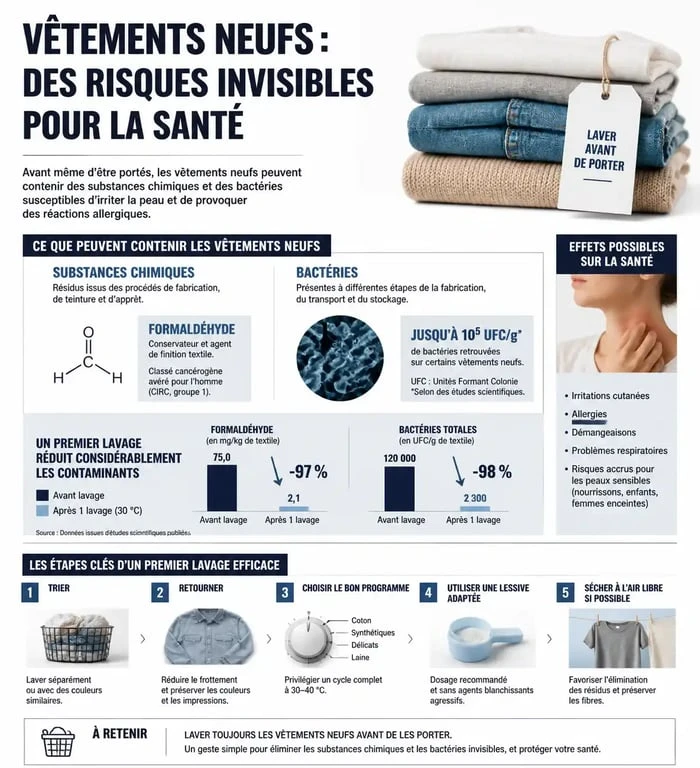 Infographie sur les risques sanitaires des vêtements neufs et l'importance de les laver avant de les porter