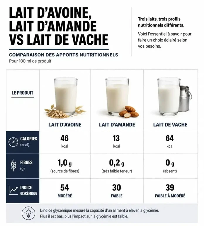 Infographie comparative des valeurs nutritionnelles du lait d'avoine pour maigrir par rapport aux autres laits végétaux