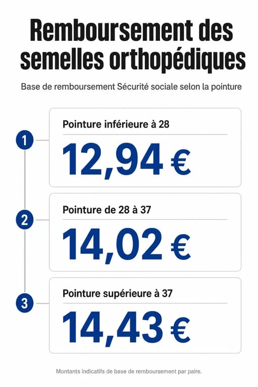 Tableau des bases de remboursement des semelles orthopédiques par la Sécurité sociale selon la pointure du patient