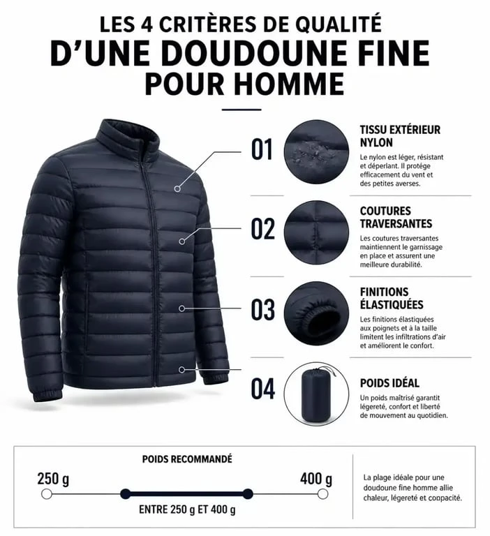 Infographie des critères de qualité pour choisir une doudoune fine pour homme
