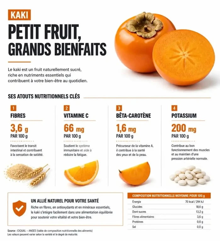 Infographie des bienfaits du kaki pour la santé et valeurs nutritionnelles