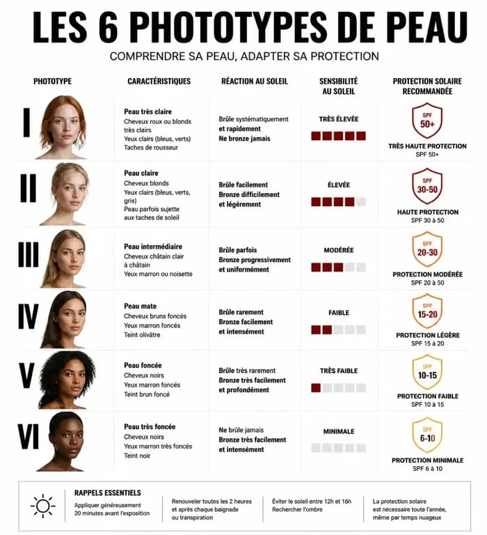 Infographie des phototypes de peau et conseils pour bronzer naturellement sans danger
