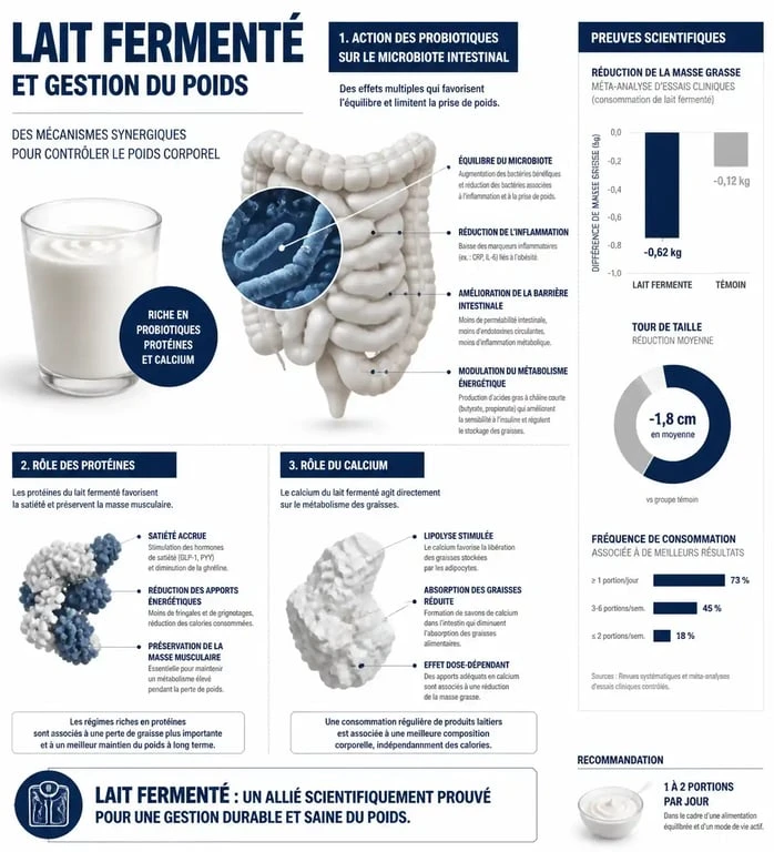 Infographie sur les bienfaits du lait fermenté et la perte de poids, expliquant le rôle des probiotiques et des protéines.