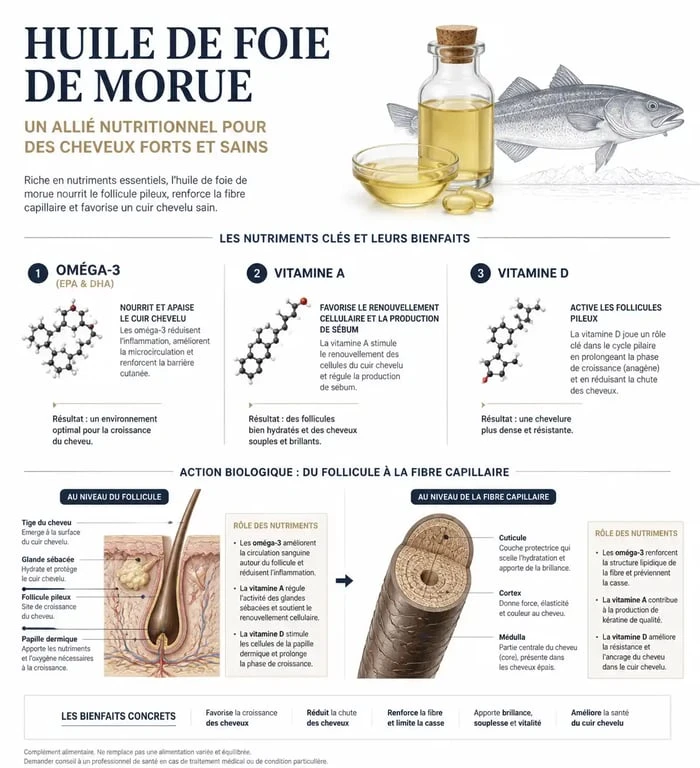 Infographie des bienfaits de l'huile de foie de morue pour les cheveux et la santé capillaire