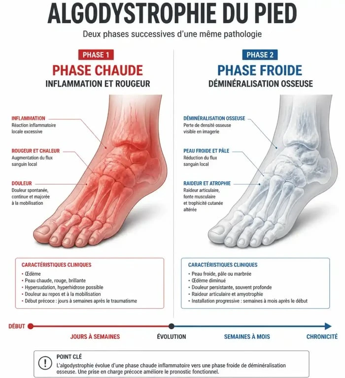 Schéma explicatif des phases chaude et froide de l'algodystrophie du pied et son traitement