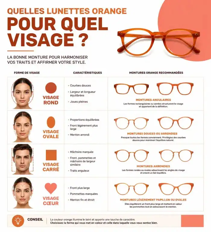 Infographie illustrant comment choisir ses lunettes orange selon la forme de son visage et sa carnation
