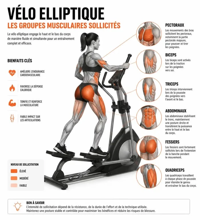 Infographie des bénéfices musculaires et perte de poids avec 30 minutes de vélo elliptique par jour