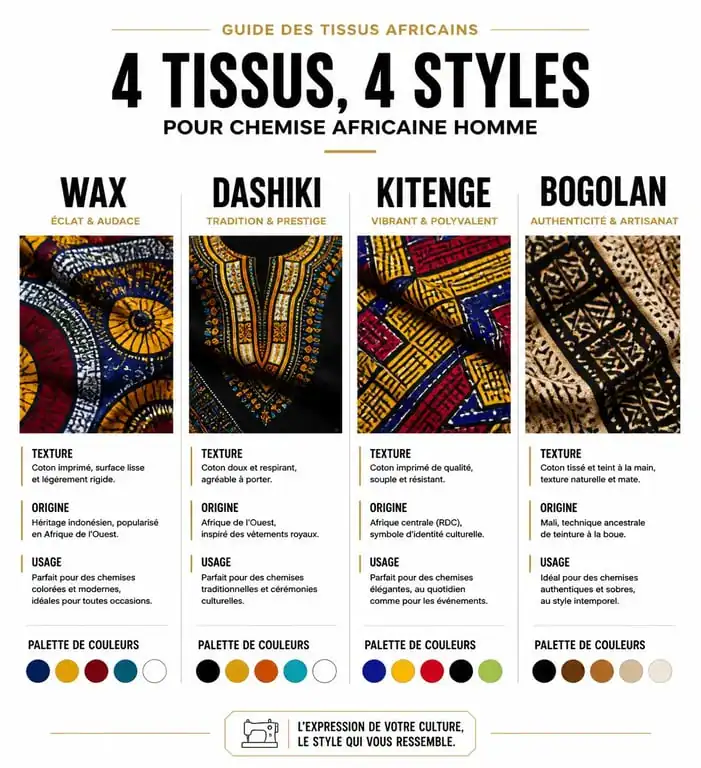 Infographie comparative des tissus pour chemise africaine homme : Wax, Dashiki, Kitenge et Bogolan
